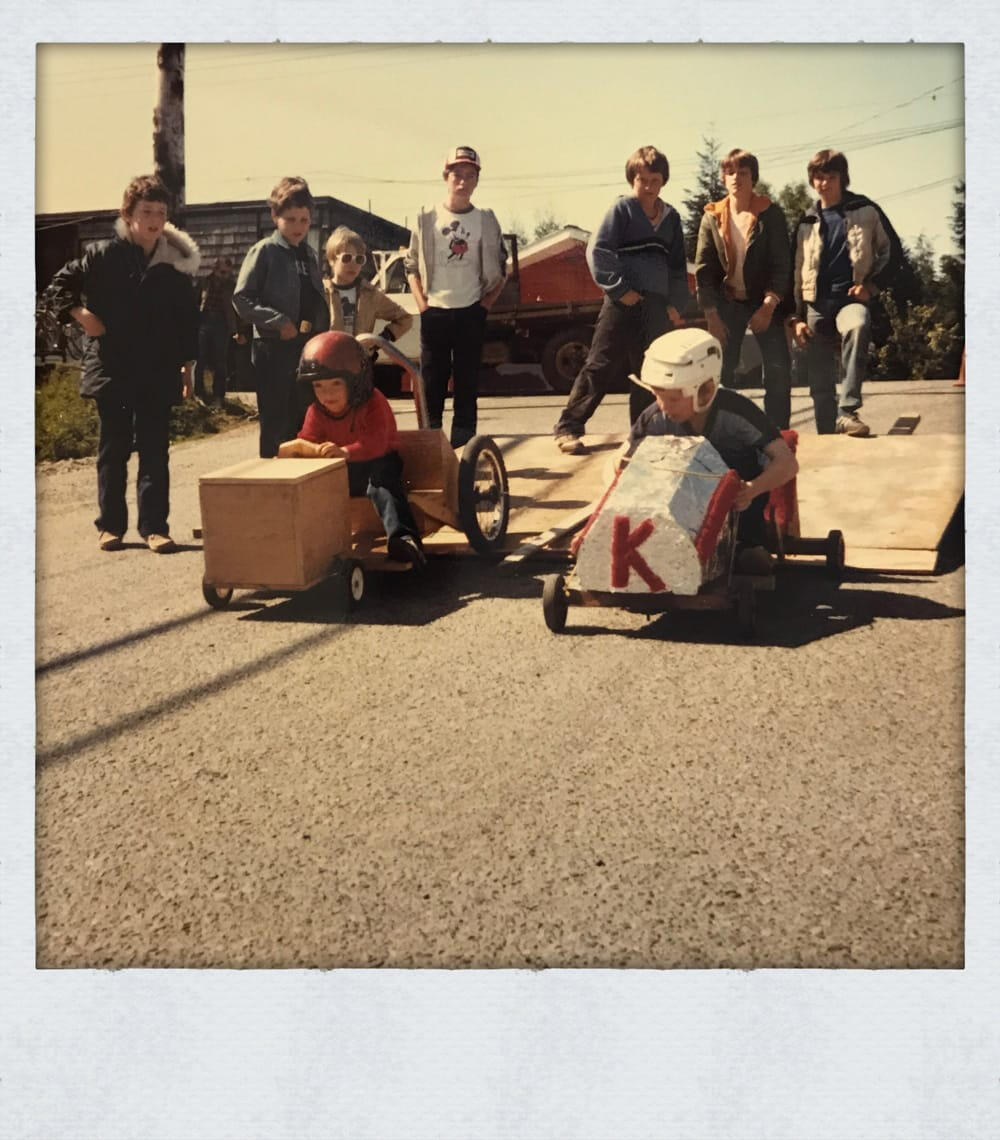 Mayco and friends at a Ucluelet box car race in the 1970s